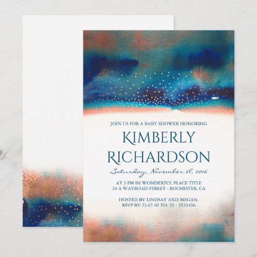 Turquoise en Peach Waterverf Modern Baby shower Kaart (Voorkant / Achterkant)