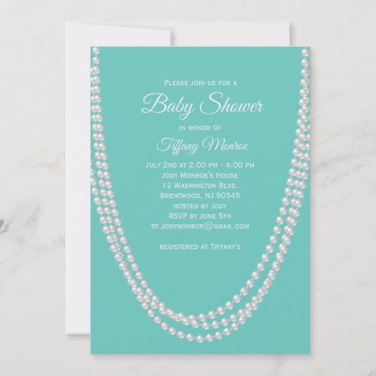 Turquoise en Pearls Baby shower nodigen wit uit Kaart (Voorkant)