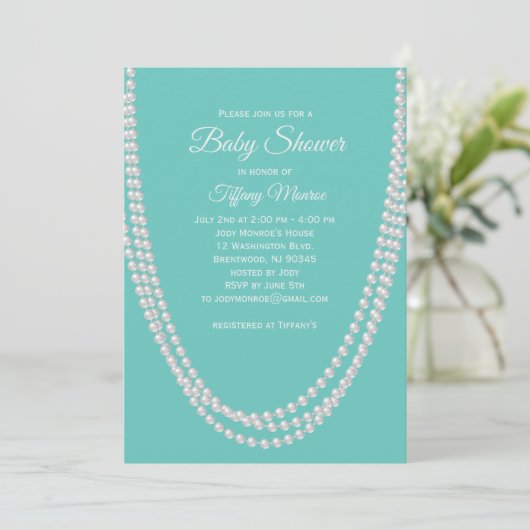 Turquoise en Pearls Baby shower nodigen wit uit Kaart (Staand voorkant)