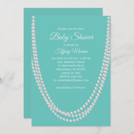 Turquoise en Pearls Baby shower nodigen wit uit Kaart (Voorkant / Achterkant)
