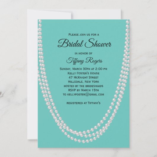 Turquoise en Pearls Bridal Shower Invitation Kaart (Voorkant)
