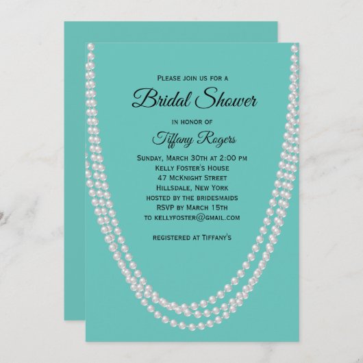 Turquoise en Pearls Bridal Shower Invitation Kaart (Voorkant / Achterkant)
