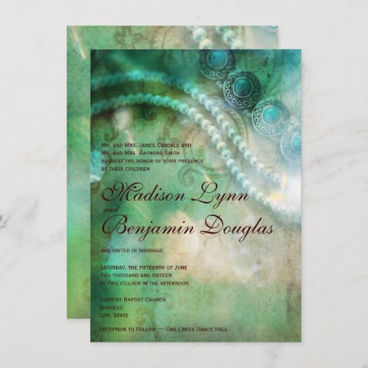 Turquoise en Pearls Rustic Wedding Invitations Kaart (Voorkant / Achterkant)