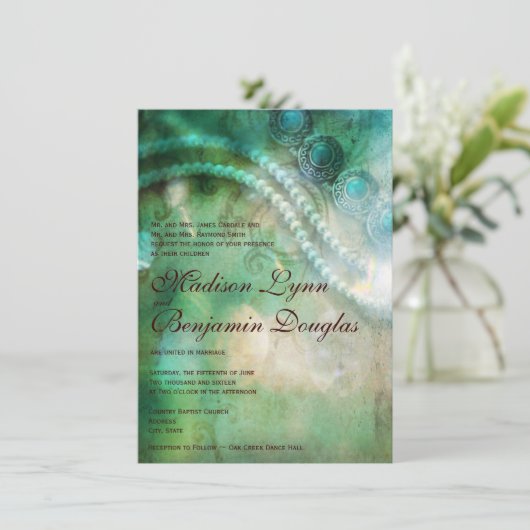 Turquoise en Pearls Rustic Wedding Invitations Kaart (Staand voorkant)