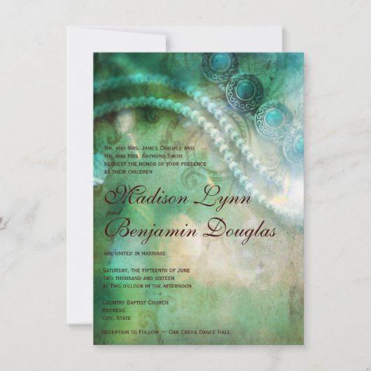 Turquoise en Pearls Rustic Wedding Invitations Kaart (Voorkant)