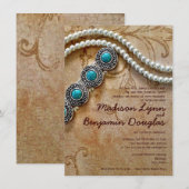 Turquoise en Pearls Rustic Wedding Invitations Kaart (Voorkant / Achterkant)