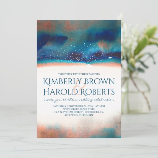 Turquoise en perzik moderne Waterverf bruiloft Kaart (Staand voorkant)