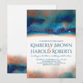 Turquoise en perzik moderne Waterverf bruiloft Kaart