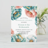 Turquoise en Perzik Rozen Bruidsmeisjes Luncheon Kaart (Staand voorkant)