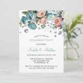 Turquoise en Perzik Rozen Diamond Engagement Party Kaart (Staand voorkant)