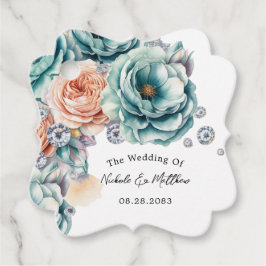 Turquoise en perzik Rozen Diamond Wedding Bedankjes Labels
