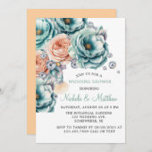 Turquoise en perzik Rozen Diamond Wedding Kaart (Voorkant / Achterkant)