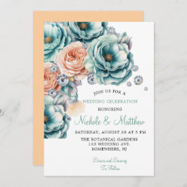 Turquoise en perzik Rozen Diamond Wedding Kaart