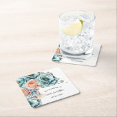 Turquoise en perzik Rozen Diamond Wedding Kartonnen Onderzetters (Insitu)