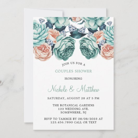 Turquoise en perzik Rozen paren douchen Kaart (Voorkant)