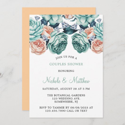 Turquoise en perzik Rozen paren douchen Kaart (Voorkant / Achterkant)