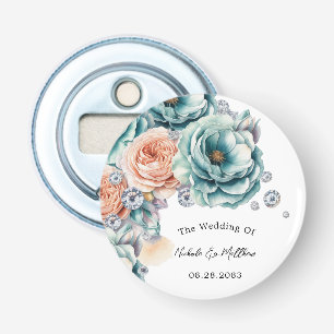 Turquoise en Perzikrozen Diamanten Trouwgunst Button Flesopener