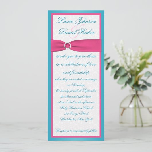 Turquoise en Pink Damask Wedding Invitation Kaart (Staand voorkant)