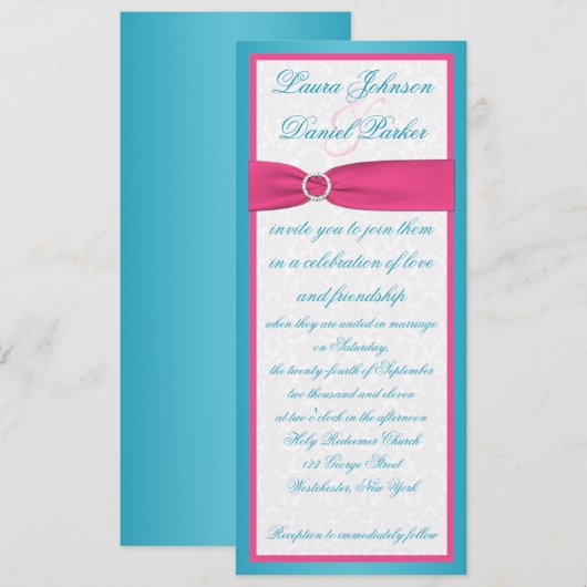 Turquoise en Pink Damask Wedding Invitation Kaart (Voorkant / Achterkant)
