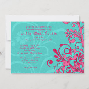 Turquoise en Pink Floral Sweet 16 Birthday Invite Kaart