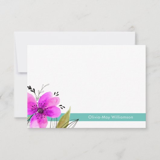Turquoise en Pink Floral Waterverf Gepersonaliseer Notitiekaartje (Voorkant)