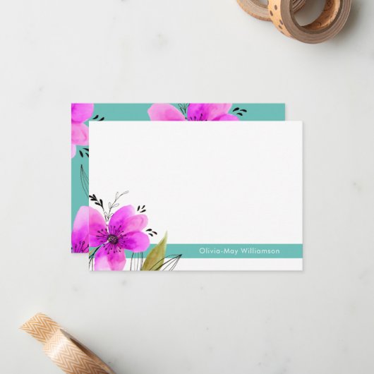 Turquoise en Pink Floral Waterverf Gepersonaliseer Notitiekaartje (Voorkant / Achterkant in situ)