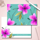 Turquoise en Pink Floral Waterverf Gepersonaliseer Notitiekaartje