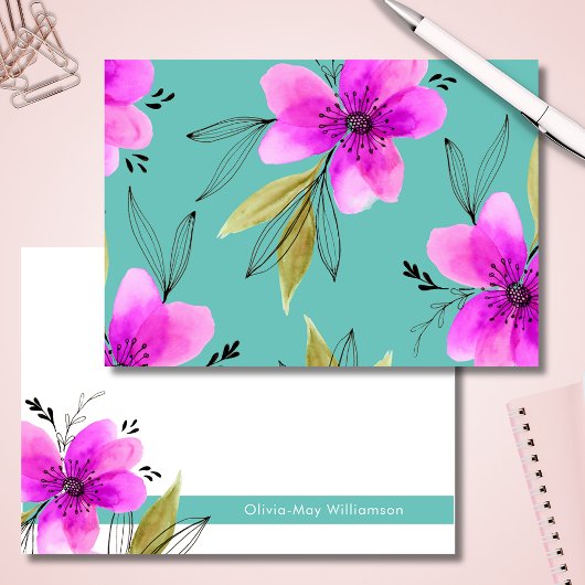 Turquoise en Pink Floral Waterverf Gepersonaliseer Notitiekaartje