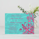 Turquoise en Pink Floral Wedding Invitation Kaart (Staand voorkant)