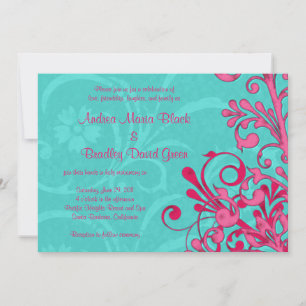 Turquoise en Pink Floral Wedding Invitation Kaart