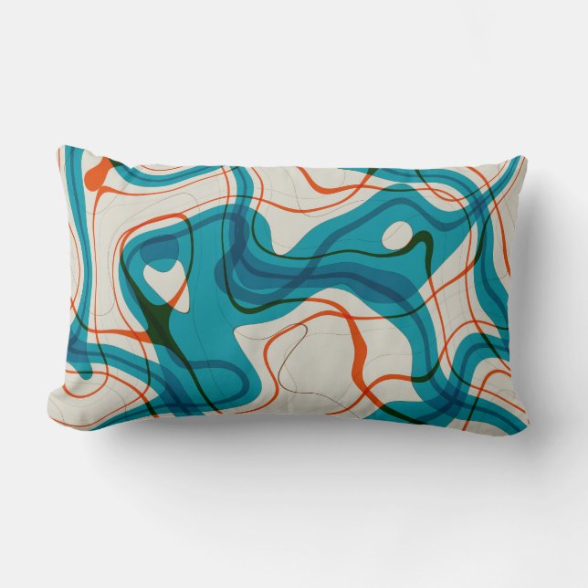 Turquoise en rode kronkels kussen (Voorkant)