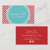 Turquoise en rode preppy strepen visitekaartje (Voorkant / Achterkant)
