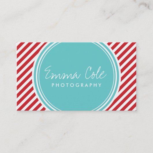 Turquoise en rode preppy strepen visitekaartje (Voorkant)