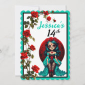 Turquoise en Rode Rozen Suiker Schedel Uitnodiging (Achterkant)