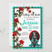 Turquoise en Rode Rozen Suiker Schedel Uitnodiging (Voorkant)