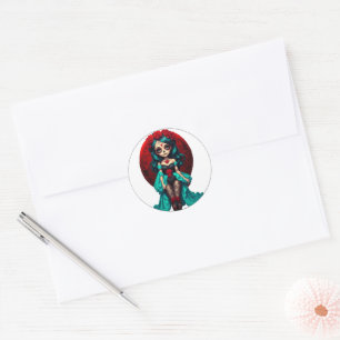 Turquoise en Rode Rozen Suiker Schedels enveloppen Ronde Sticker