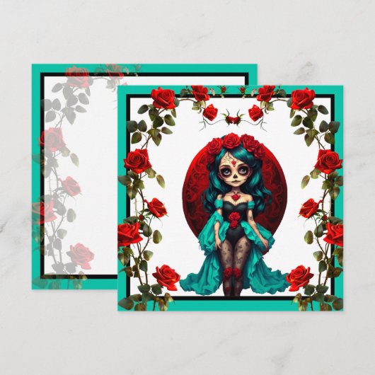 Turquoise en Rode Rozen Suiker Schedels Feestdagenkaart (Voorkant / Achterkant)