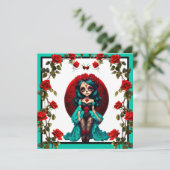 Turquoise en Rode Rozen Suiker Schedels Feestdagenkaart (Staand voorkant)