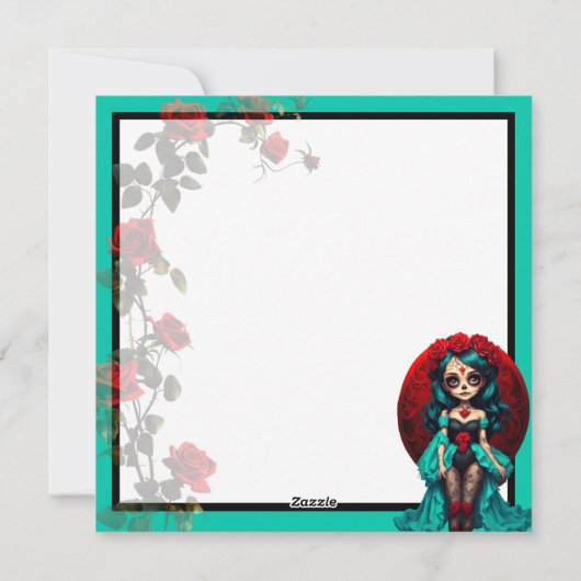 Turquoise en Rode Rozen Suiker Schedels Feestdagenkaart (Achterkant)