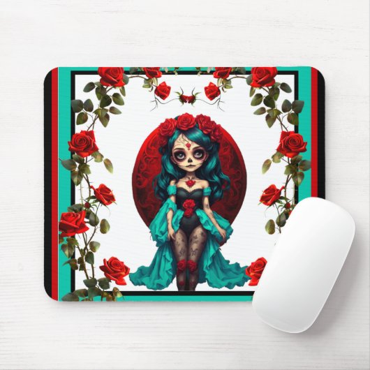 Turquoise en Rode Rozen Suiker Schedels Muismat (Met muis)