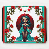 Turquoise en Rode Rozen Suiker Schedels Muismat (Voorkant)