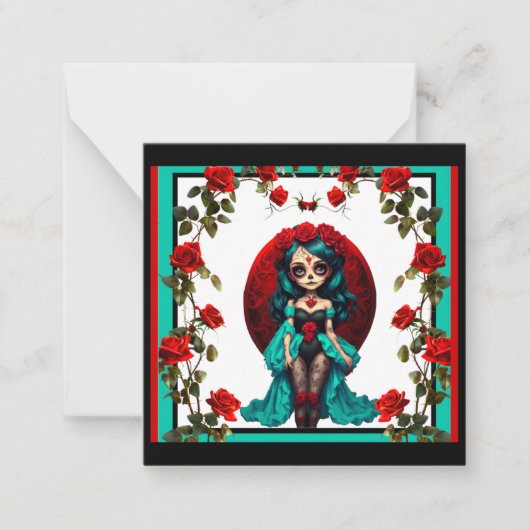 Turquoise en Rode Rozen Suiker Schedels Notitiekaartje (Voorkant)