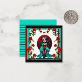 Turquoise en Rode Rozen Suiker Schedels Notitiekaartje (Voorkant / Achterkant in situ)