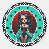 Turquoise en Rode Rozen Suiker Schedels Ronde Sticker (Voorkant)