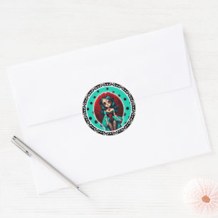 Turquoise en Rode Rozen Suiker Schedels Ronde Sticker