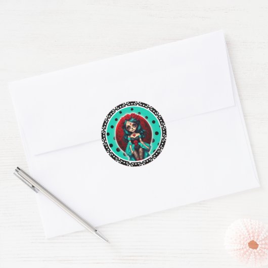 Turquoise en Rode Rozen Suiker Schedels Ronde Sticker (Envelop)
