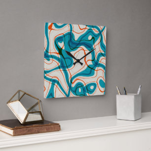 Turquoise en rode swirls vierkante klok