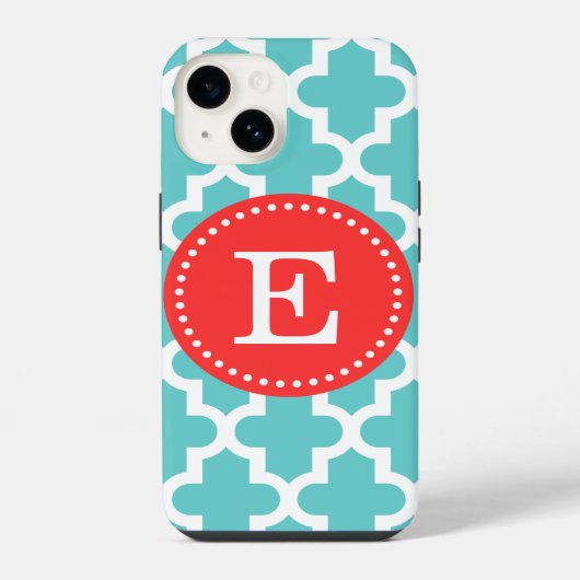 Turquoise en Rood Modern Marokkaans Monogram iPhone Hoesje (Achterkant)