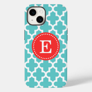 Turquoise en Rood Moderne Marokkaanse Monogram iPhone 14 Hoesje
