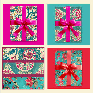 Turquoise en roze batikprint inpakpapier vel